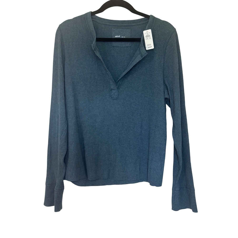Aerie Ribbed Henley Long Sleeve Top Dark Teal Blue XXL 078-5493-3136